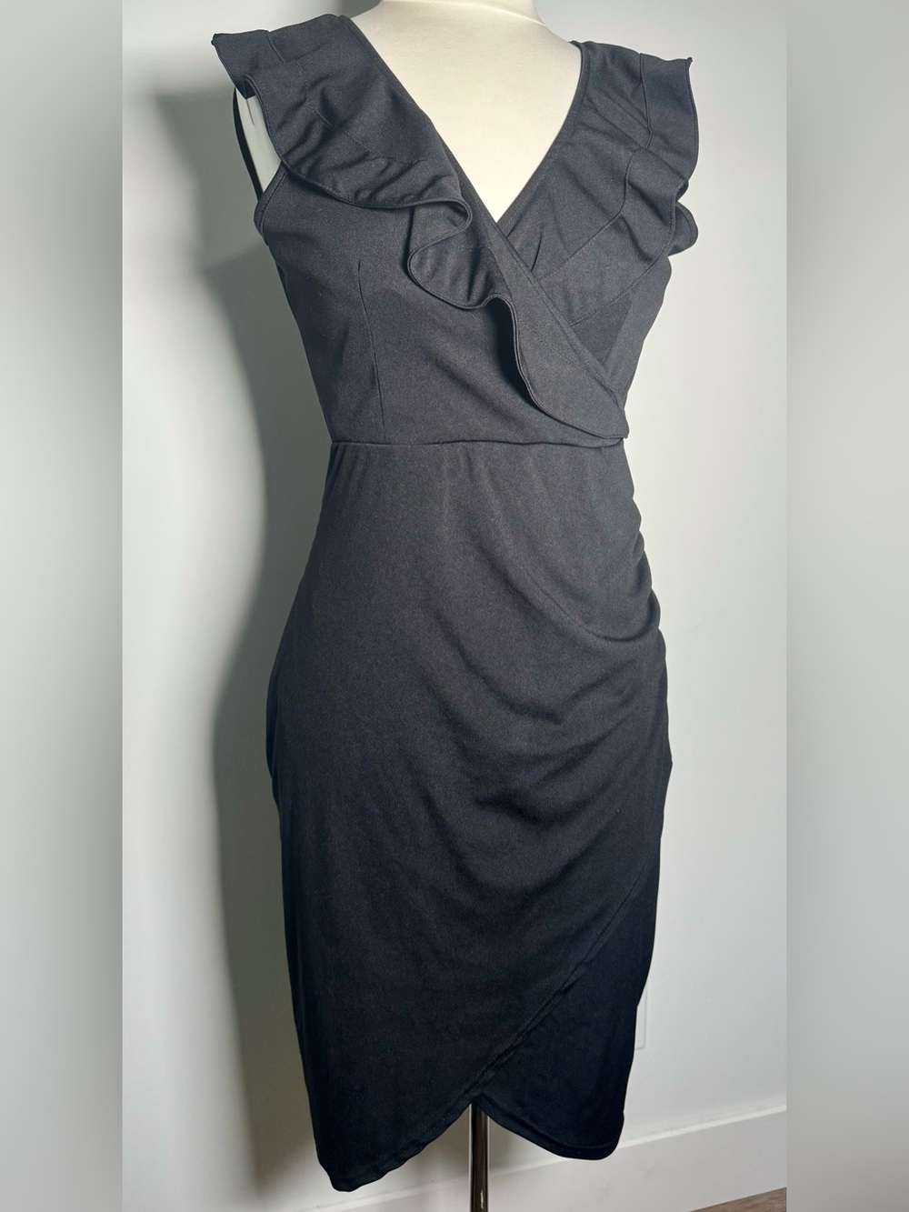 Zanzea L Charcoal Black Ruffle Wrap Dress Ruched Asymmetric Midi Stretch